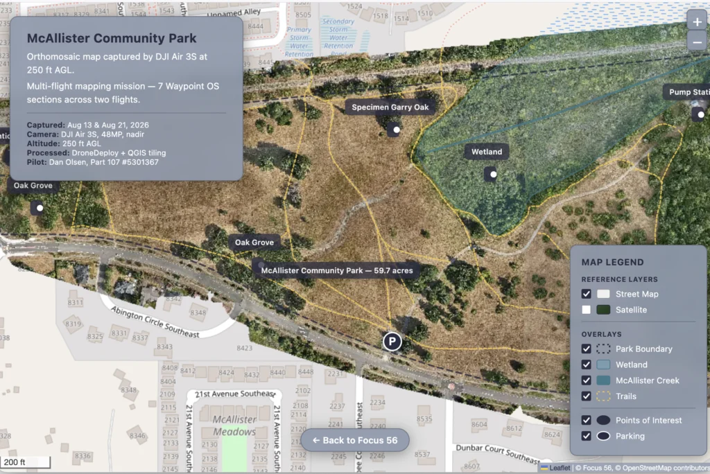 Interactive drone map portfolio thumbnail showing an orthomosaic map of McAllister Community Park in Lacey, WA — zoomable Leaflet.js imagery captured by Focus 56.
