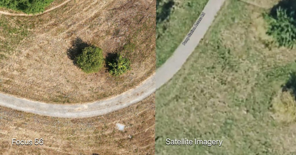 Drone orthomosaic map compared to satellite imagery showing superior detail and resolution at railroad tracks