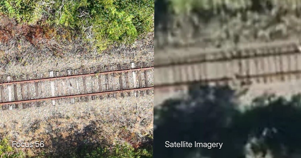 Drone mapping services — orthomosaic vs satellite comparison showing railroad tracks at property edge, with our high-resolution drone ortho overlaid on lower-resolution satellite imagery to demonstrate the clarity difference.