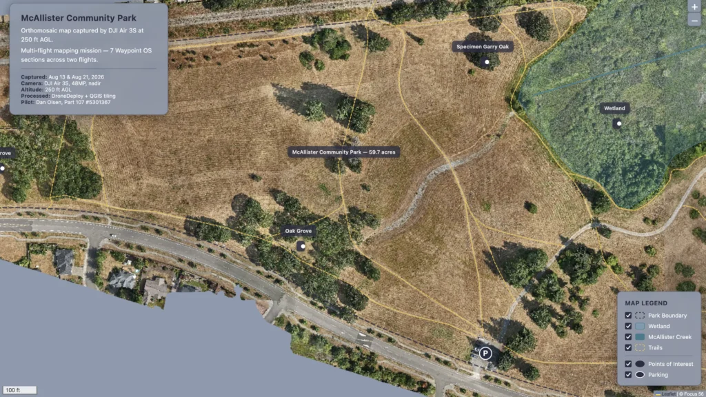 Interactive web map of McAllister Community Park built with Leaflet.js showing zoomable orthomosaic imagery with trail and stream overlays.