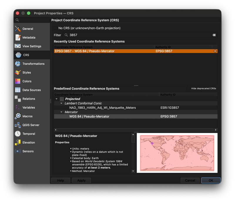 interactive-web-map-03 QGIS CRS settings dialog showing EPSG:3857 Web Mercator selected as the project coordinate reference system.
