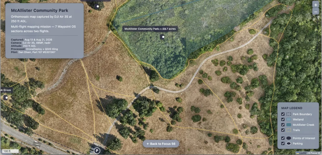 interactive-web-map Completed Leaflet.js web map showing toggleable vector overlays including trails, streams, and wetlands on orthomosaic imagery of McAllister Community Park. Recommended dimensions: 1920x1080