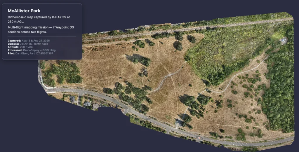 Interactive drone orthomosaic map of McAllister Park in Lacey, WA, captured by Focus 56 using a DJI Air 3S at 250 feet. The aerial map shows detailed overhead imagery of the park's trails, fields, and tree canopy.