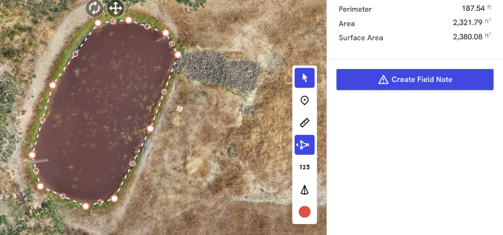 DroneDeploy measurement tools showing distance and area calculations overlaid on an orthomosaic map