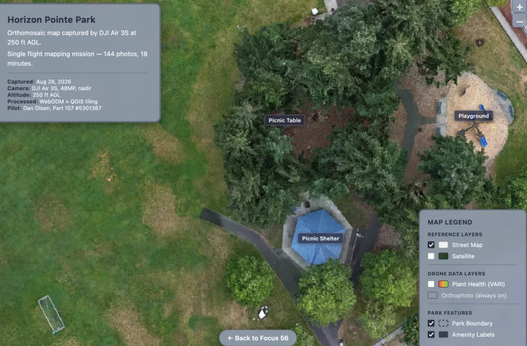 Interactive drone map portfolio thumbnail showing an orthomosaic map of Horizon Pointe Park in Lacey, WA — zoomable Leaflet.js imagery captured by Focus 56.