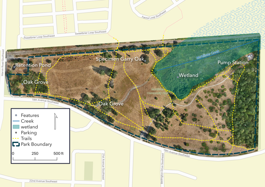  Drone mapping services result after the four-step process: McAllister Park map exported from QGIS with orthomosaic, property boundary, labeled features, legend, scale, and north arrow.